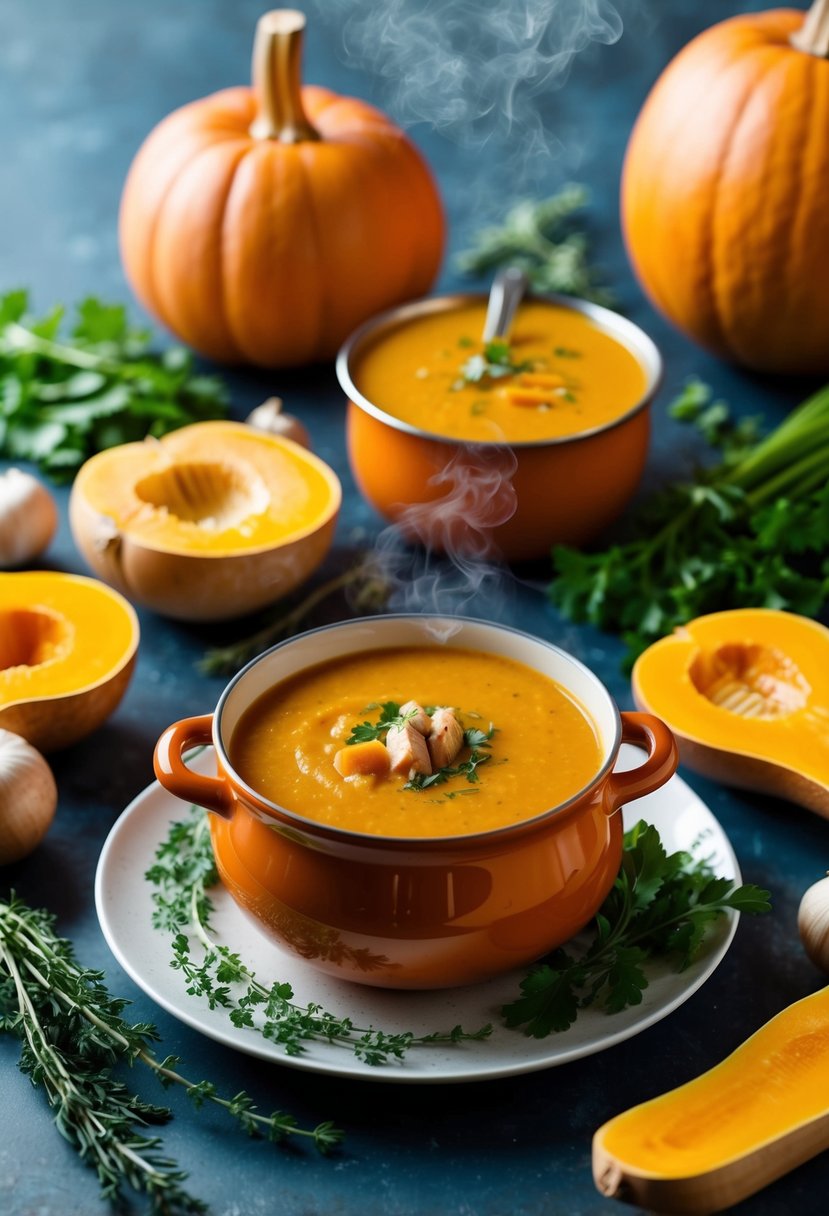 A steaming pot of butternut squash soup surrounded by fresh vegetables and herbs