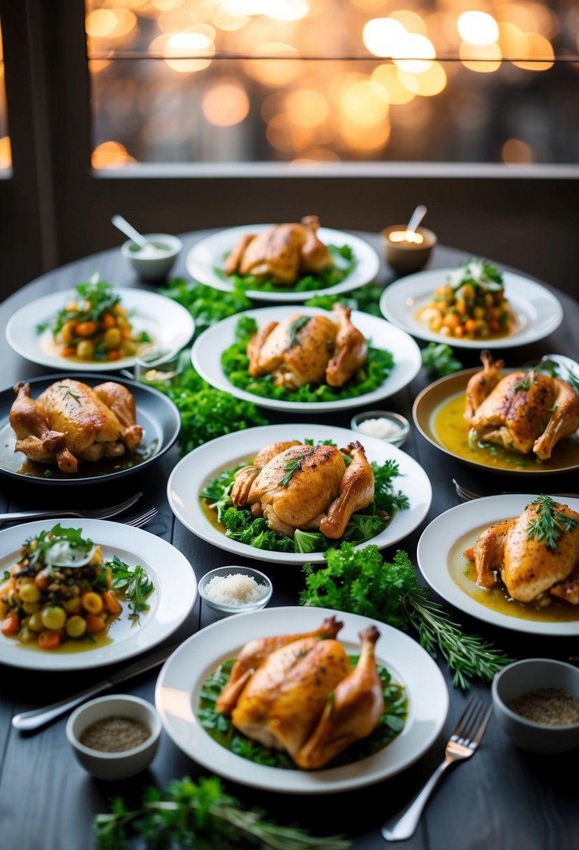 A table set with a variety of savory chicken dishes, surrounded by fresh herbs and spices