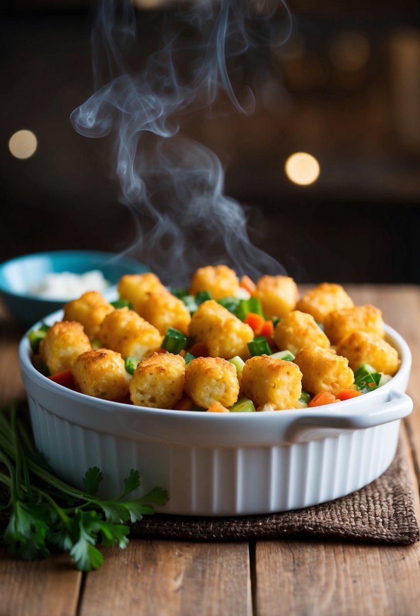 A golden-brown tater tot casserole overflowing with colorful veggies, steaming hot from the oven