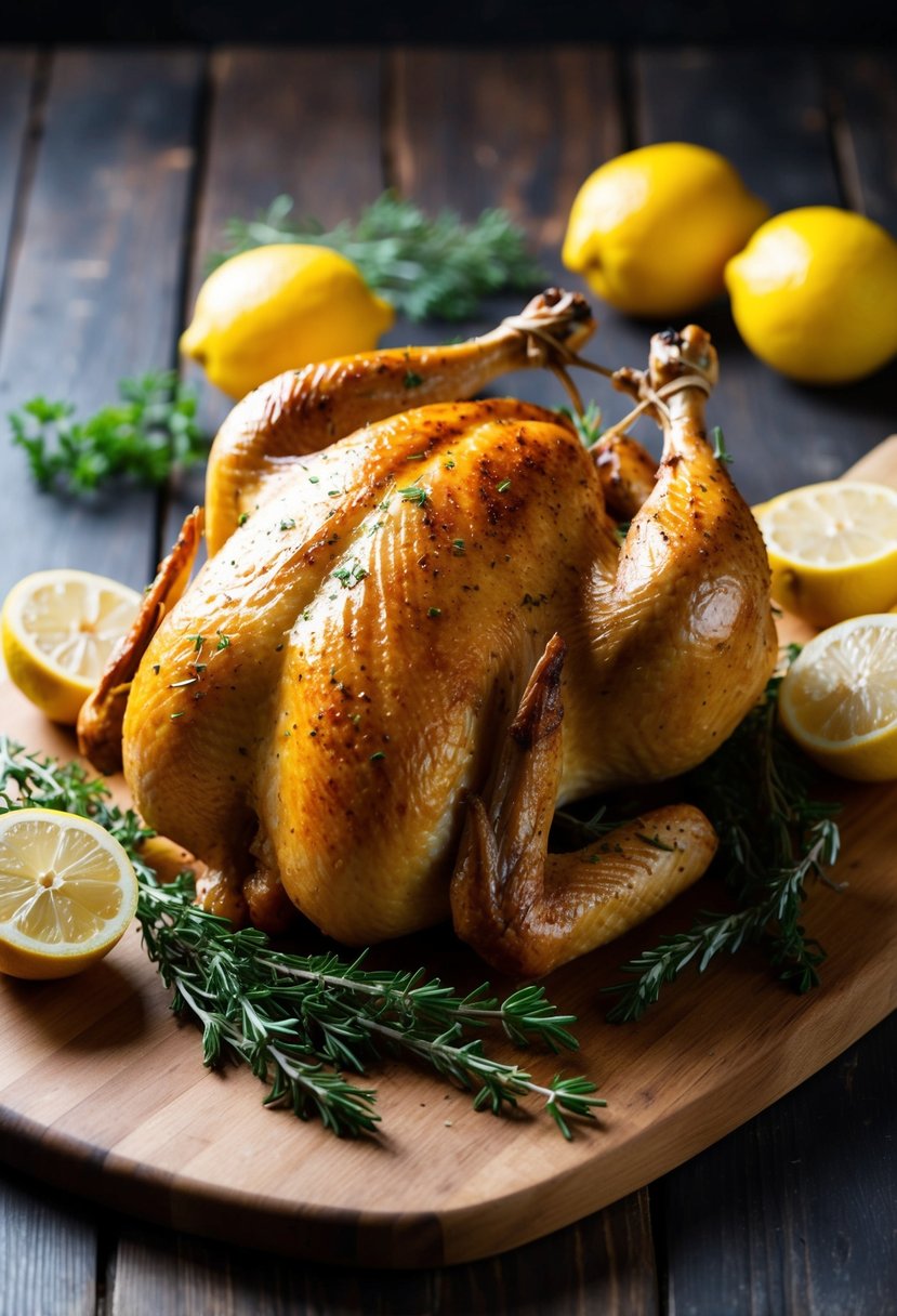 A whole roast chicken surrounded by fresh lemons and herbs on a wooden cutting board