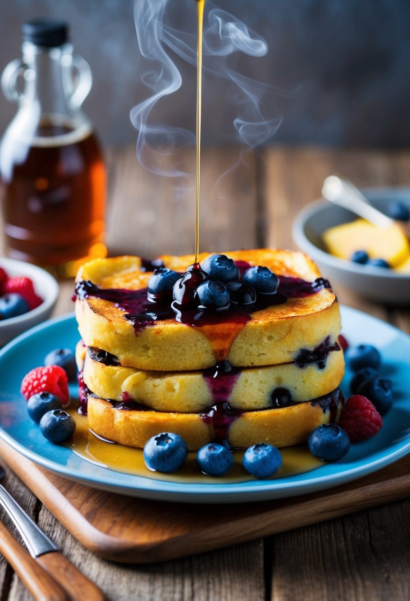 A steaming blueberry French toast casserole sits on a rustic wooden table, surrounded by fresh berries and a drizzle of maple syrup