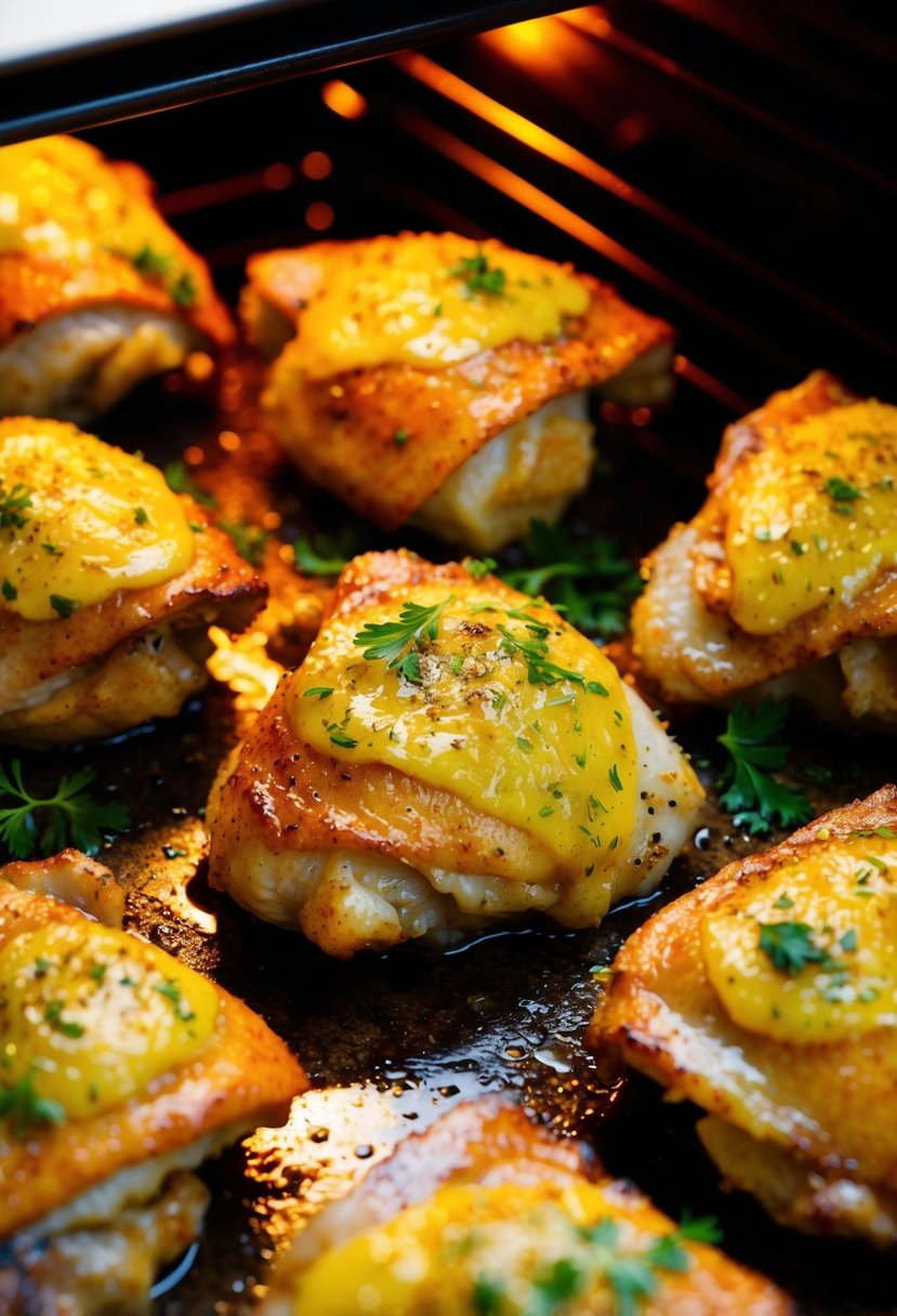 Golden-brown chicken thighs coated in garlic butter, fresh herbs, and spices, baking in a sizzling hot oven