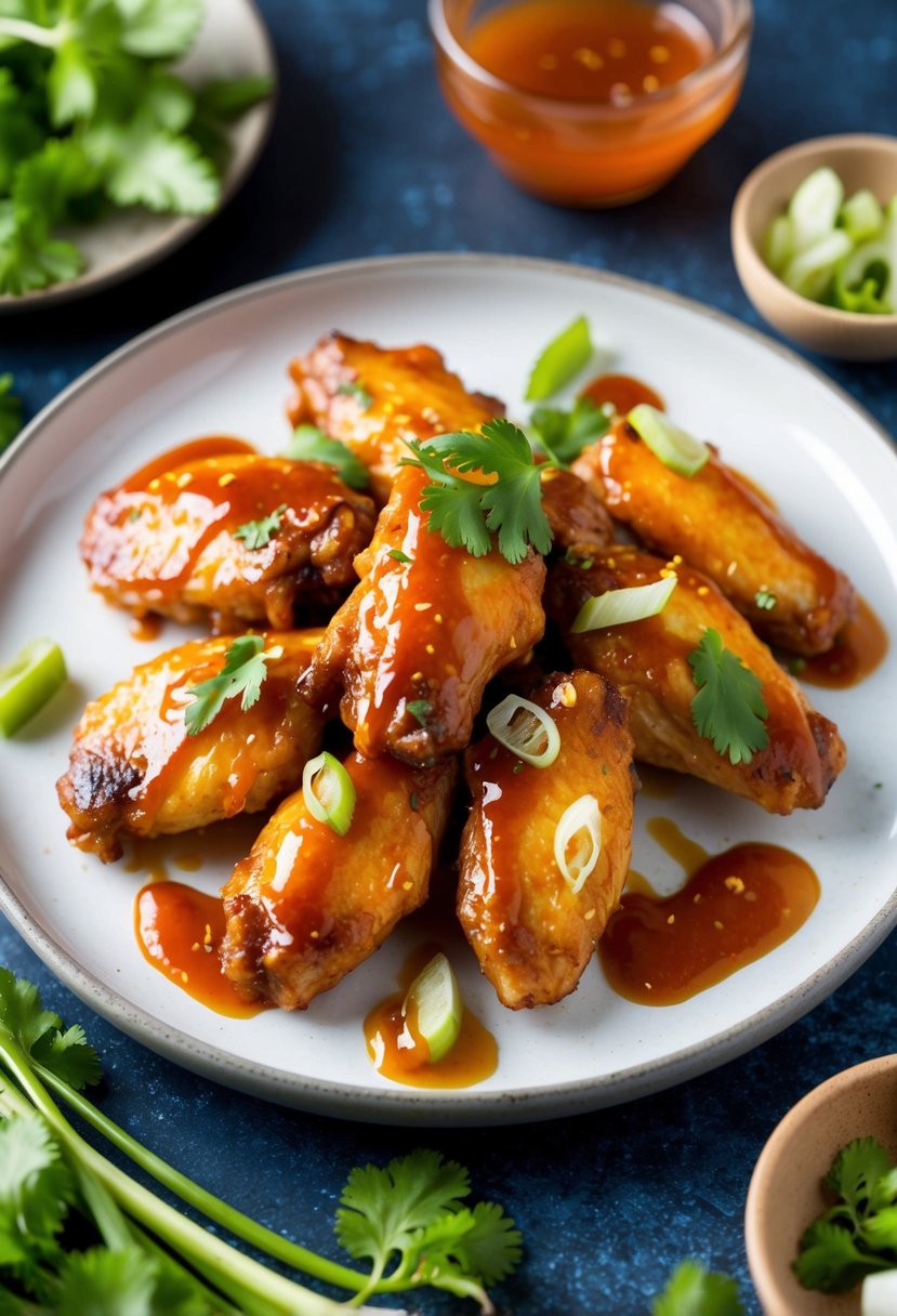 A plate of honey sriracha chicken wings surrounded by a drizzle of sauce and garnished with fresh cilantro and sliced green onions