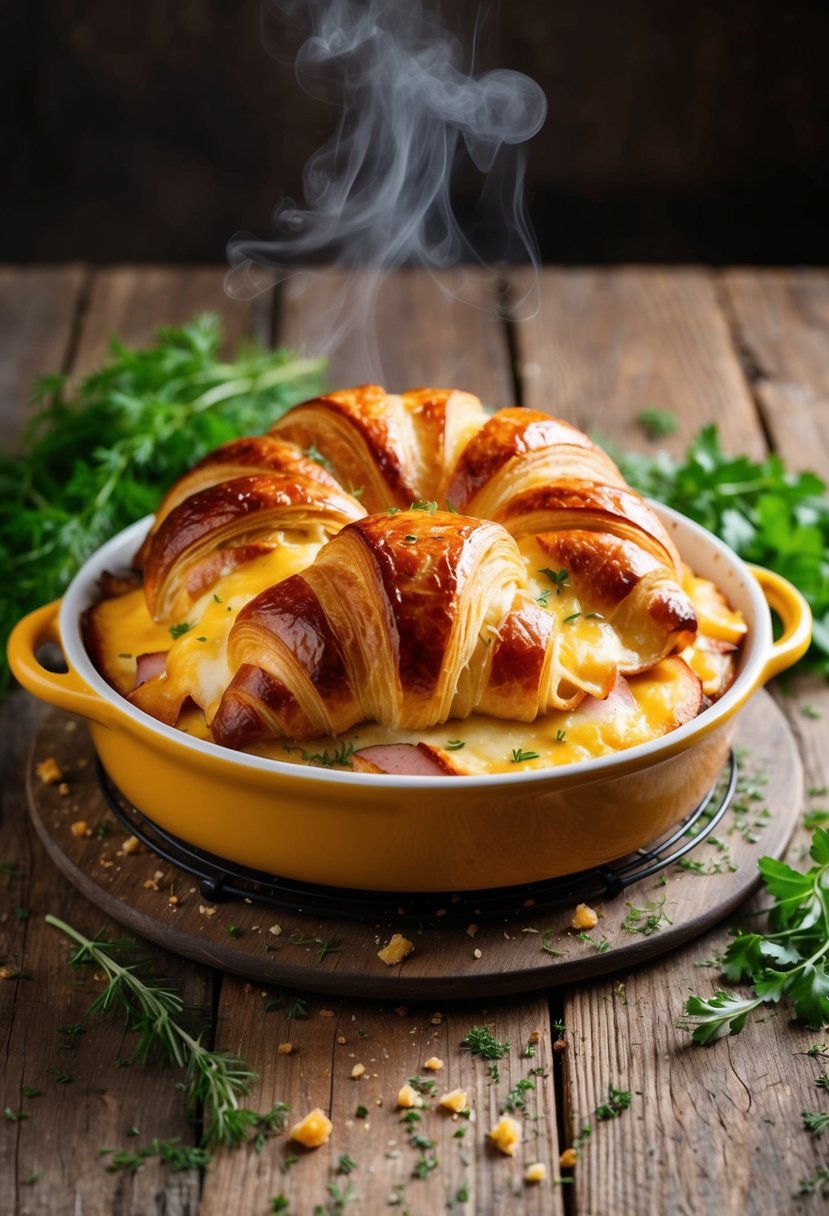 A golden-brown ham and cheese croissant casserole sits steaming on a rustic wooden table, surrounded by fresh herbs and a scattering of crumbs