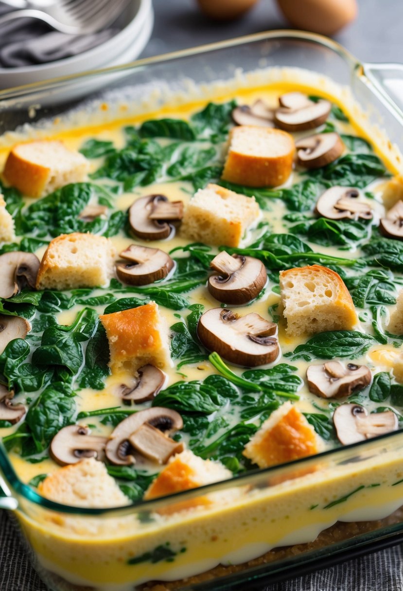 A baking dish filled with layers of spinach, mushrooms, and bread soaking in a creamy egg mixture, ready to be baked into a golden brown strata