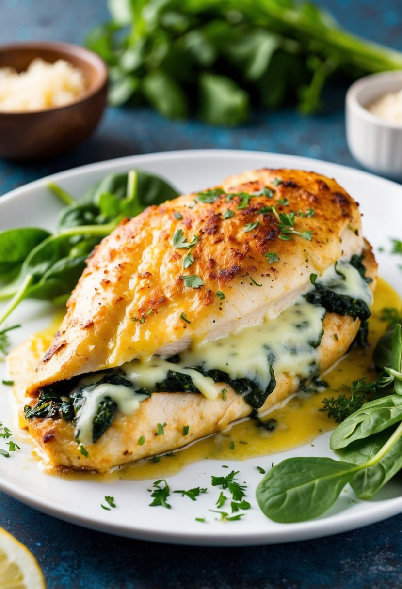 A golden-brown stuffed chicken breast sits on a white plate, oozing with melted cheese and spinach, surrounded by vibrant herbs and garnishes