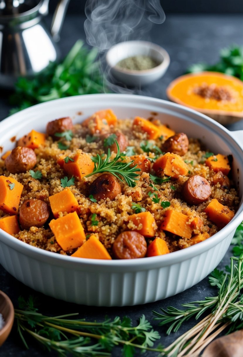 A steaming casserole dish filled with sweet potato and sausage quinoa bake, surrounded by fresh herbs and spices