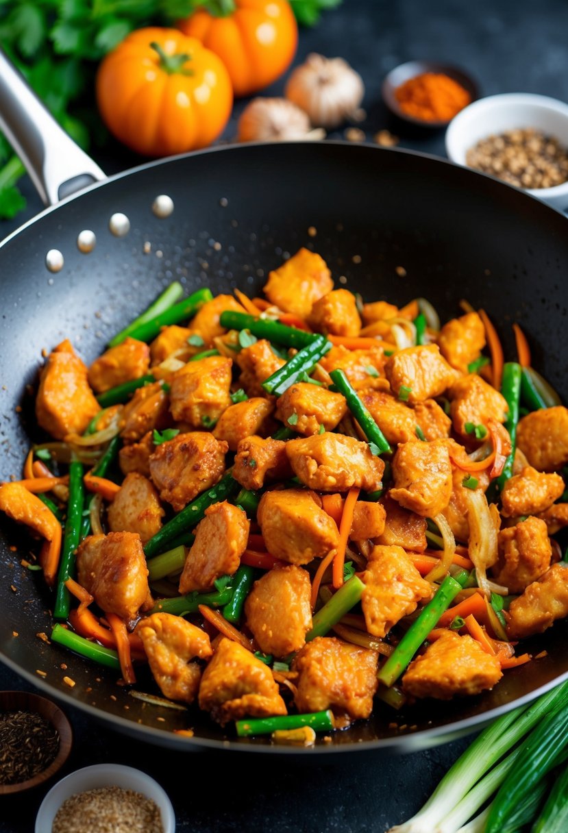 A sizzling wok filled with crispy orange chicken stir-fry, surrounded by vibrant vegetables and aromatic spices