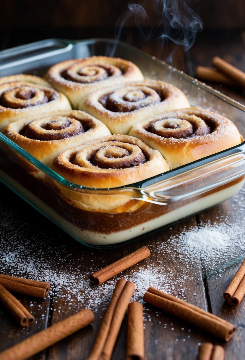 A steaming hot cinnamon roll casserole sits in a glass baking dish, surrounded by scattered cinnamon sticks and a dusting of powdered sugar