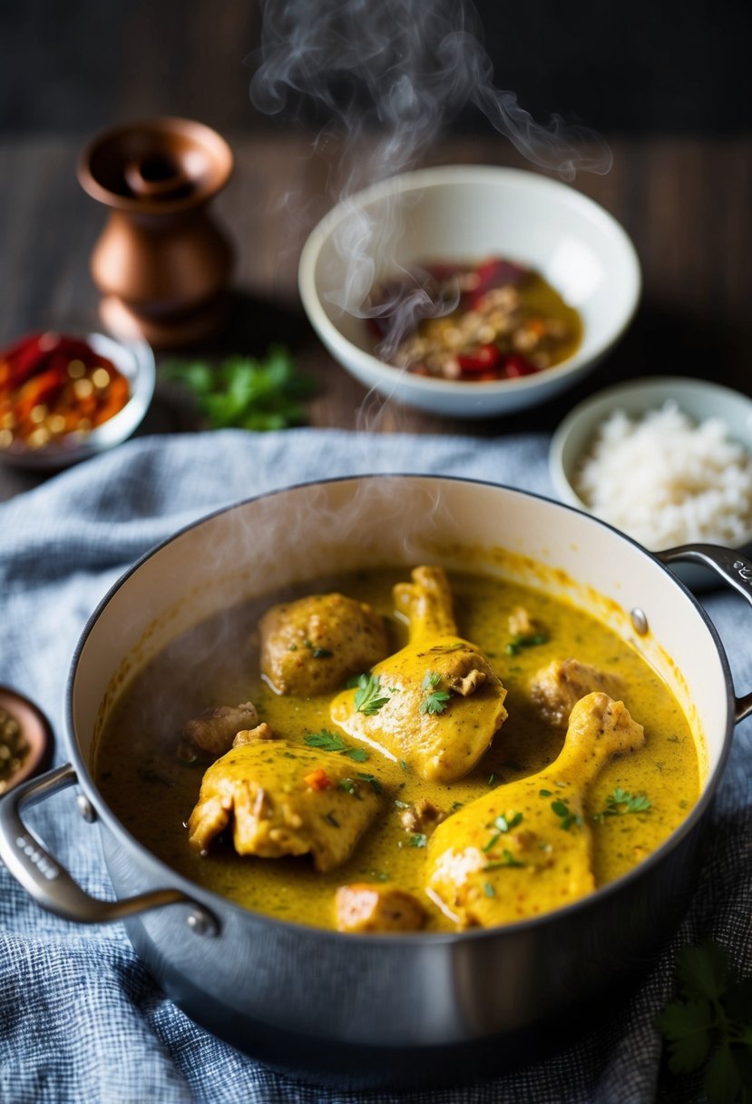 A steaming pot of coconut curry chicken simmering with spices and herbs