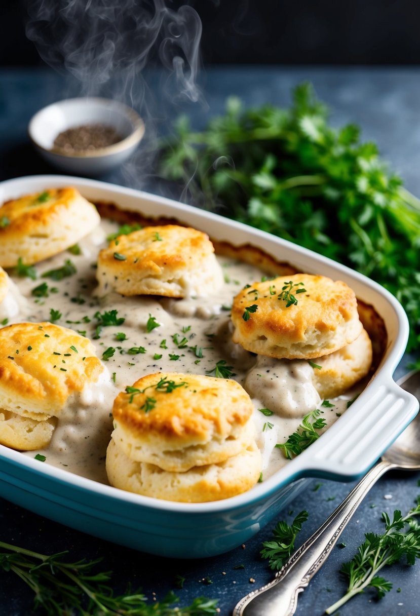 A steaming hot casserole dish filled with biscuits and gravy, surrounded by fresh herbs and a sprinkle of black pepper