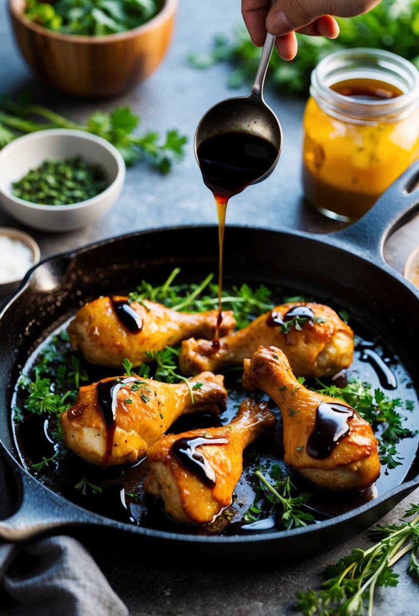 A sizzling skillet with glazed chicken drumsticks, surrounded by fresh herbs and drizzled with balsamic reduction