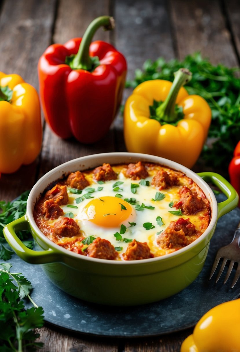 A steaming Chorizo and Pepper Jack Egg Bake sits on a rustic wooden table, surrounded by colorful bell peppers and fresh herbs