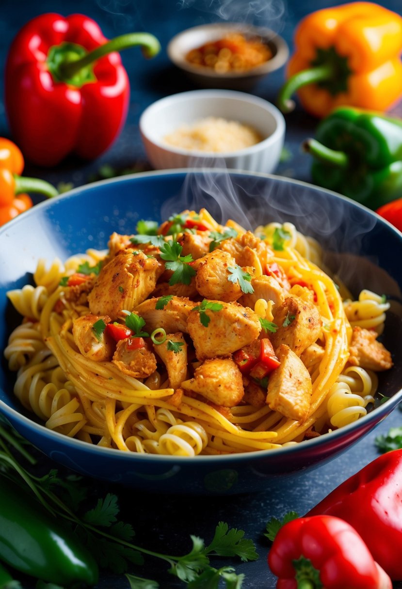 A steaming bowl of Cajun chicken pasta, surrounded by colorful peppers and spices