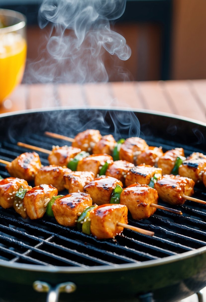 Grilled chicken skewers sizzling on a hot grill, coated in glossy teriyaki sauce, with charred grill marks and steam rising