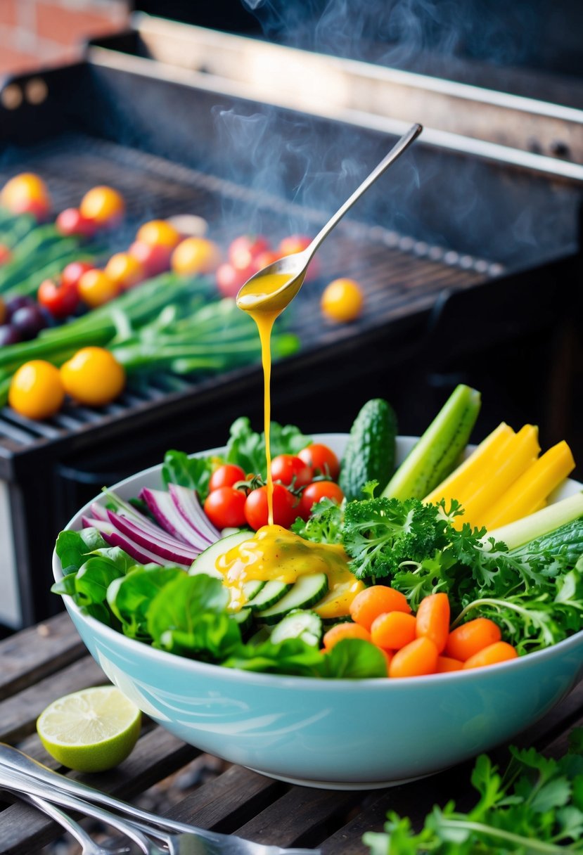 A colorful array of fresh vegetables and leafy greens arranged in a bowl, with a drizzle of vinaigrette dressing, placed next to a sizzling grill