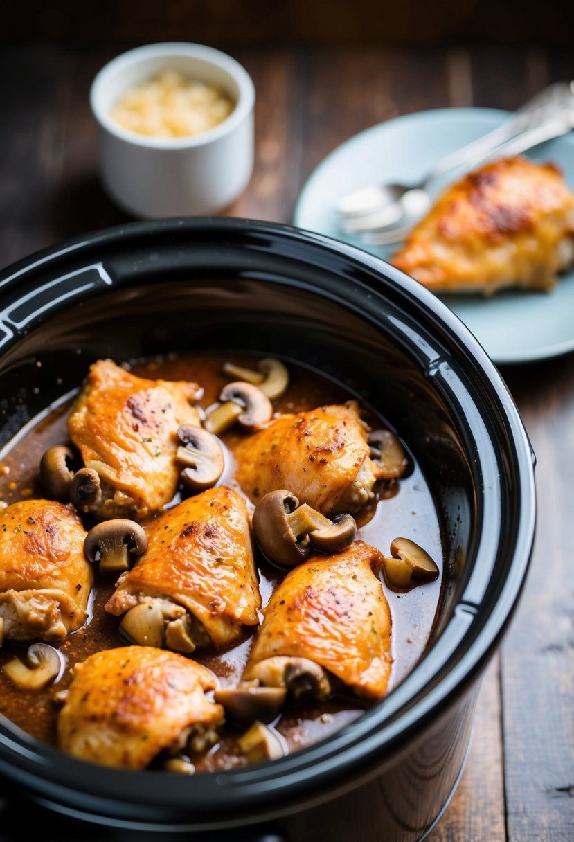 A slow cooker filled with tender chicken and mushrooms simmering in a savory sauce