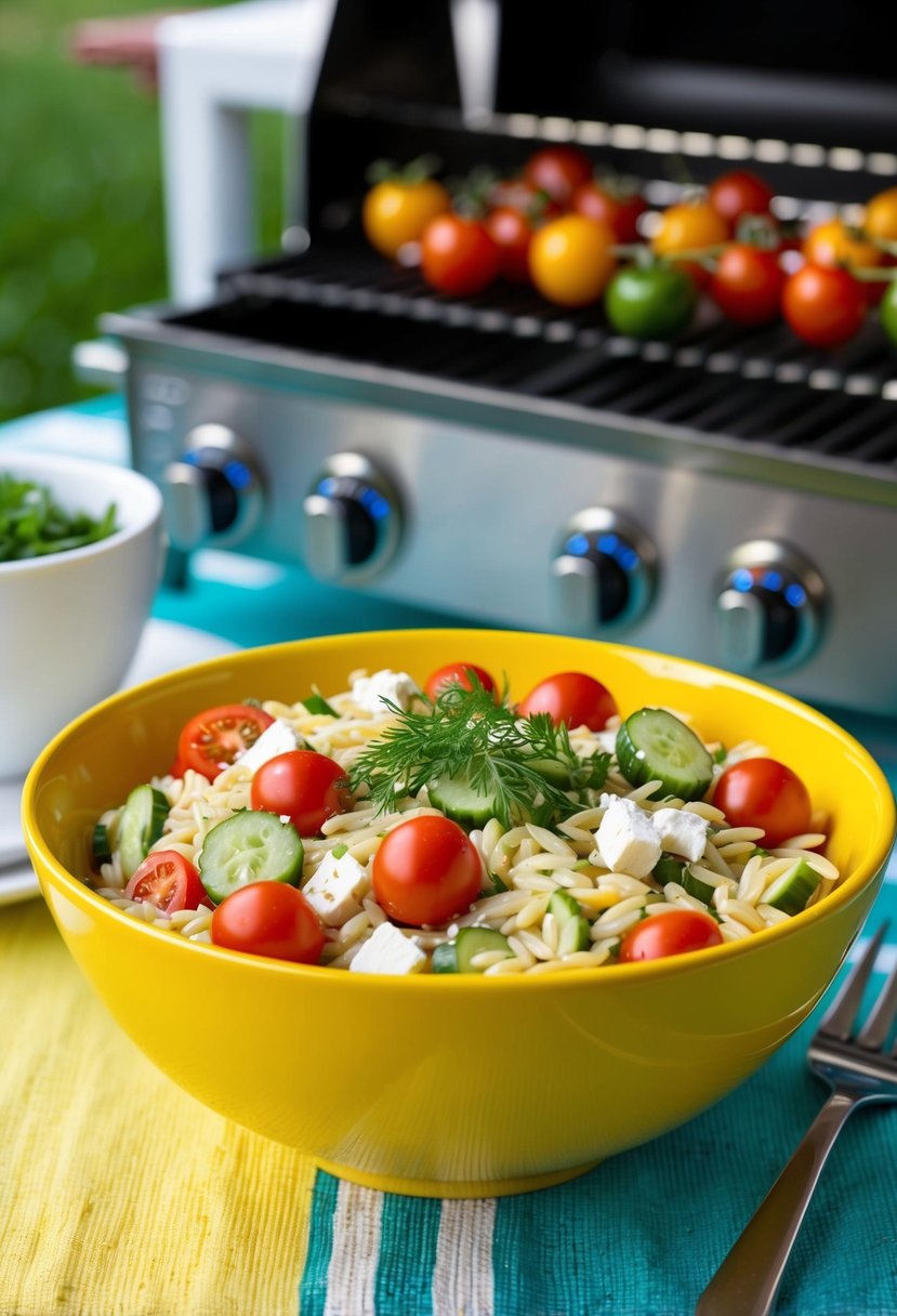 A colorful bowl of orzo salad with cherry tomatoes, cucumbers, feta cheese, and fresh herbs, sitting on a picnic table next to a grill