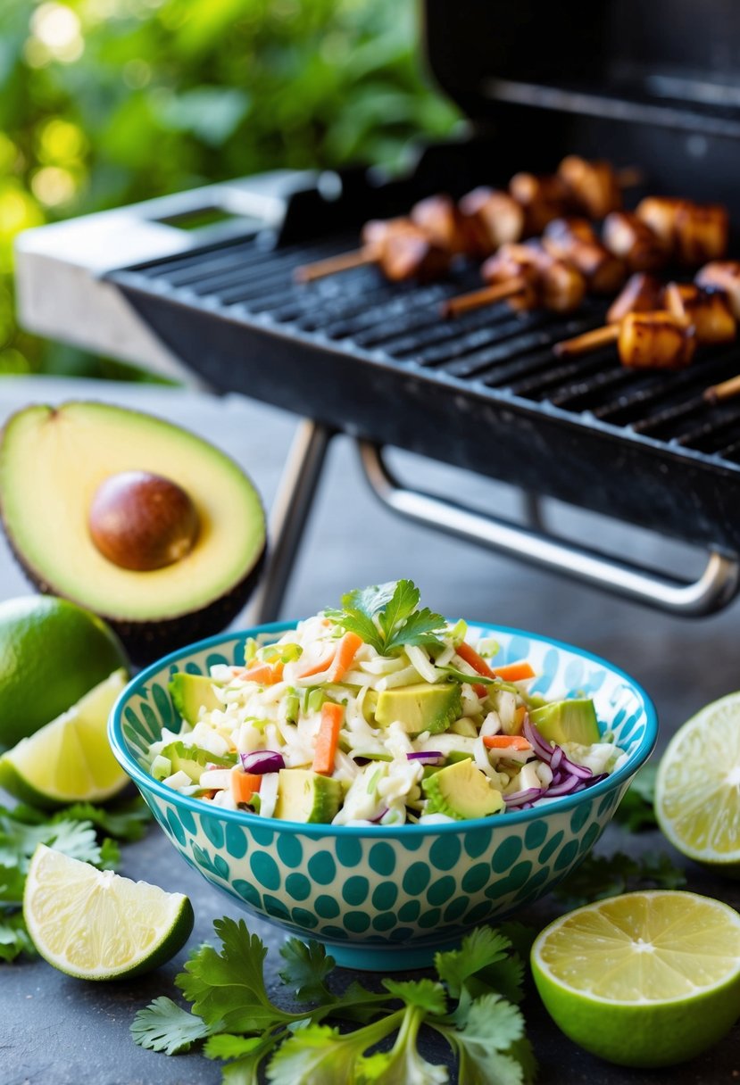 A colorful bowl of avocado lime coleslaw surrounded by fresh ingredients and placed next to a bbq grill