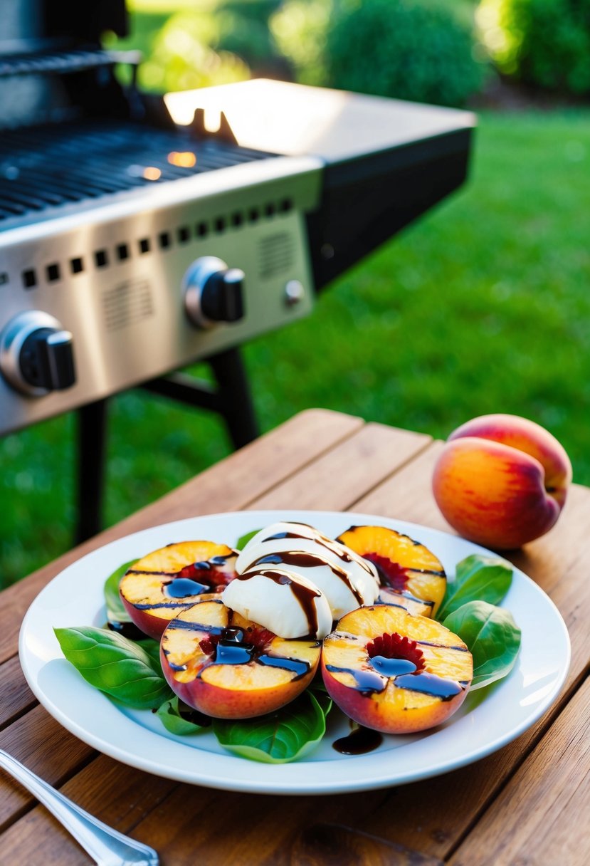 A plate of grilled peach caprese salad with basil, mozzarella, and balsamic glaze, set on a wooden table next to a barbecue grill