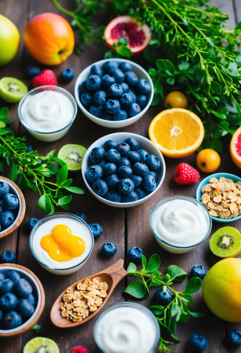 A table spread with fresh blueberries, yogurt, and granola, surrounded by colorful fruit and vibrant greenery