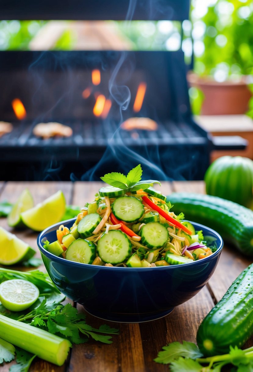 A vibrant bowl of Thai cucumber salad surrounded by fresh ingredients and herbs, with a grill in the background