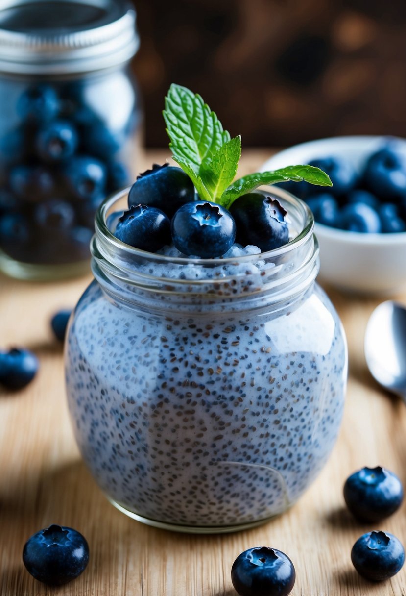 A glass jar filled with blueberry chia seed pudding topped with fresh blueberries and a sprig of mint