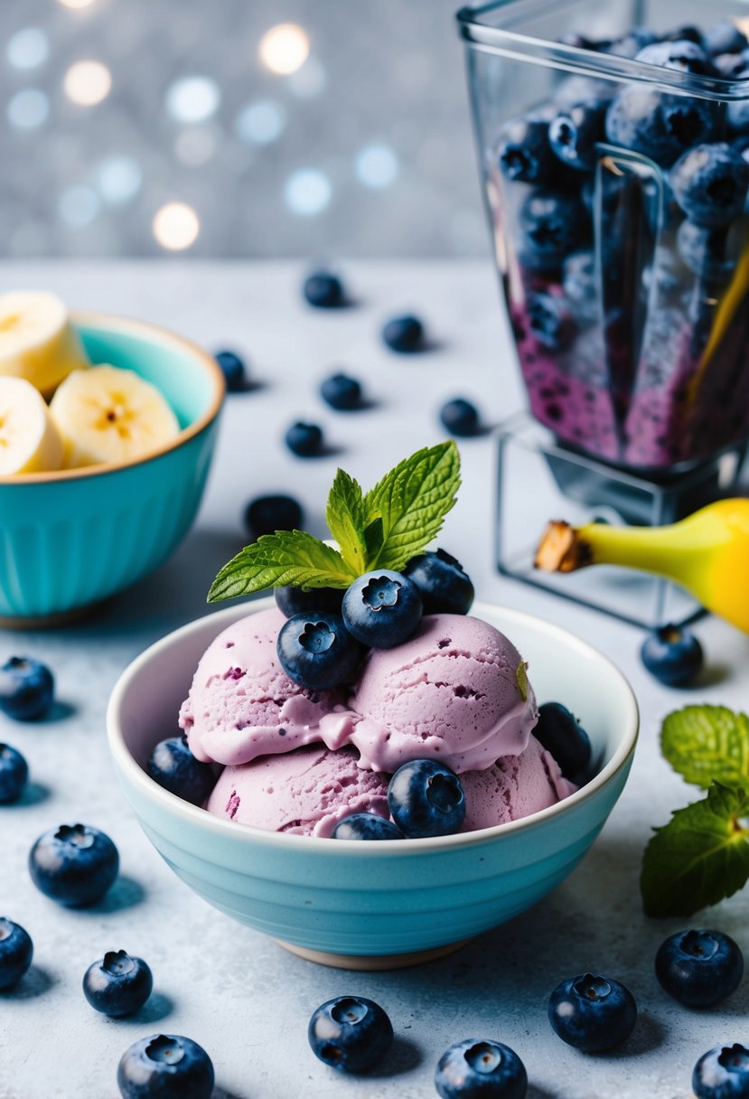 A bowl of vibrant blueberry nice cream topped with fresh blueberries and a sprig of mint, surrounded by scattered blueberries and a blender filled with frozen blueberries and bananas