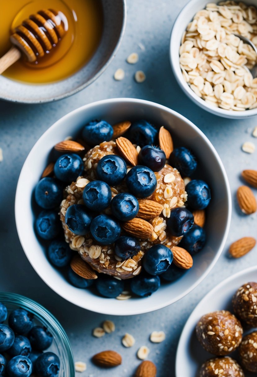 A bowl of blueberries and almonds mixed together, surrounded by ingredients like honey and oats, with a finished plate of energy balls