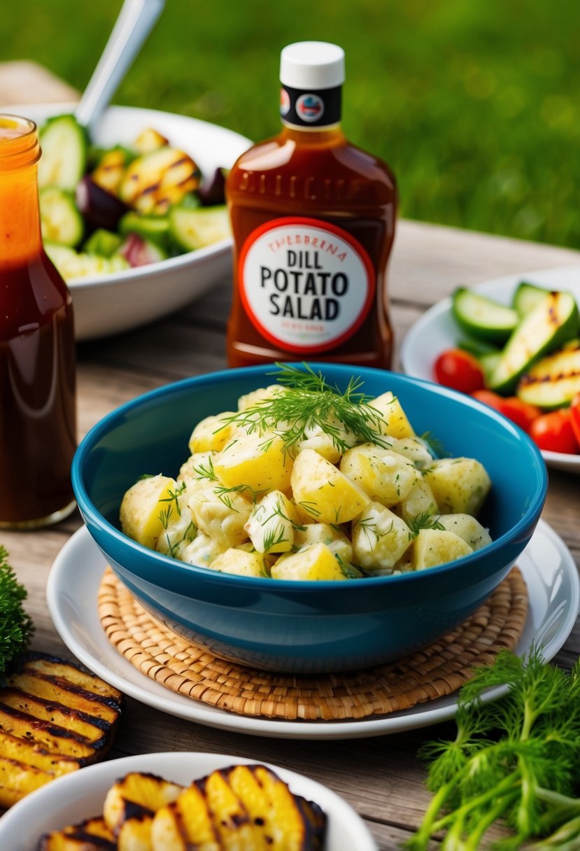 A picnic table with a bowl of tangy dill potato salad surrounded by grilled vegetables and a bottle of barbecue sauce