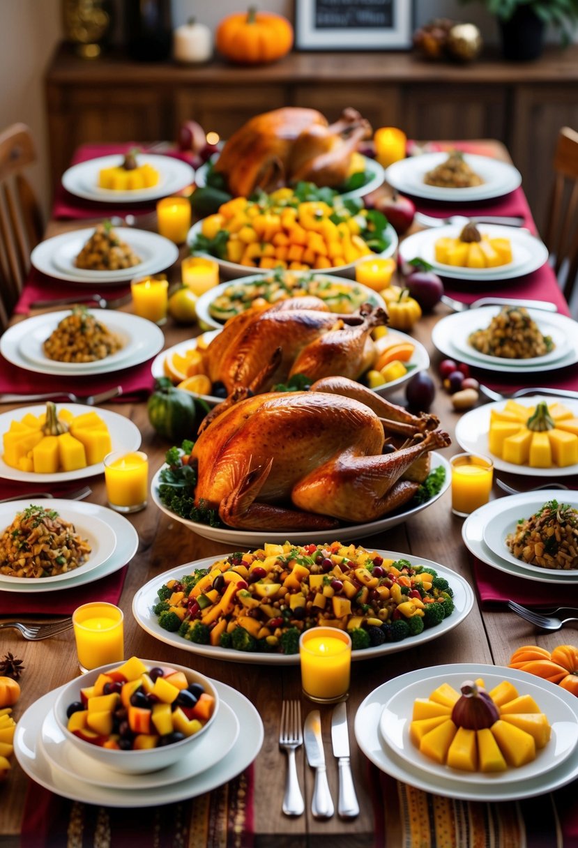 A festive table with a spread of Whole 30 Thanksgiving dishes, including roasted turkey, vegetable sides, and a colorful fruit salad