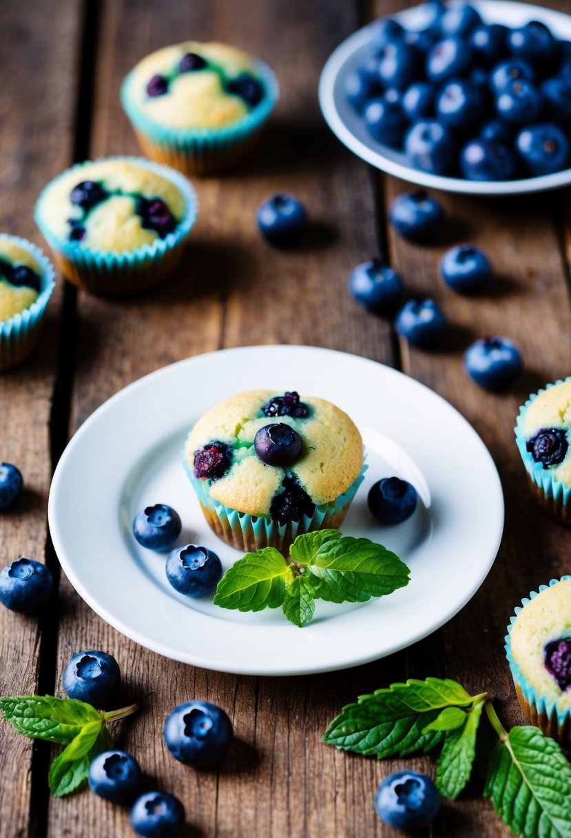 A rustic wooden table with a plate of gluten-free blueberry muffins surrounded by fresh blueberries and a sprig of mint