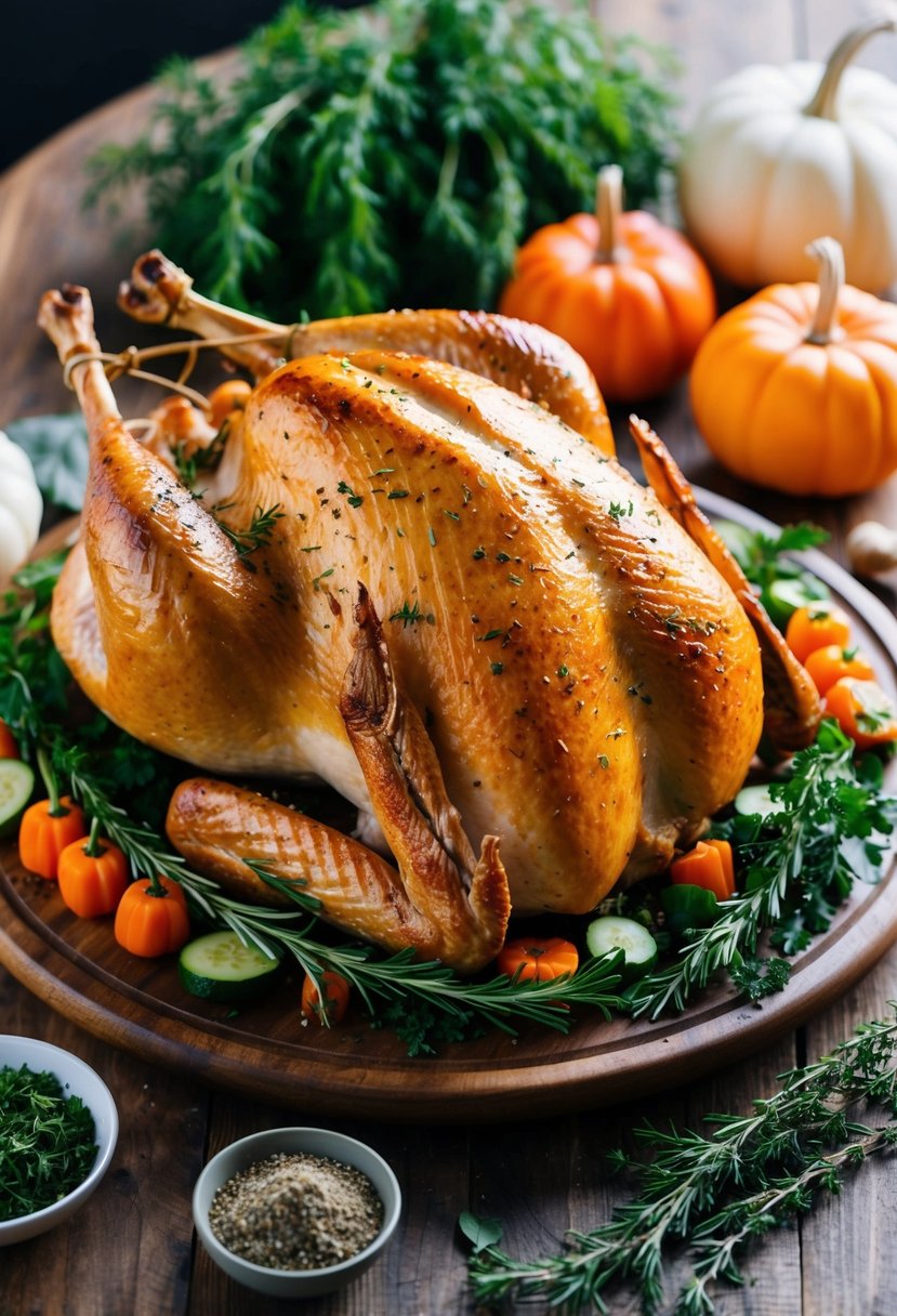 A golden, herb-roasted turkey sits on a rustic wooden platter surrounded by fresh herbs and seasonal vegetables, ready for a Whole30 Thanksgiving feast