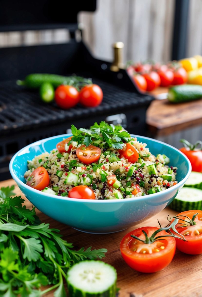 A colorful bowl of quinoa tabbouleh surrounded by fresh herbs, tomatoes, and cucumbers, with a grill in the background