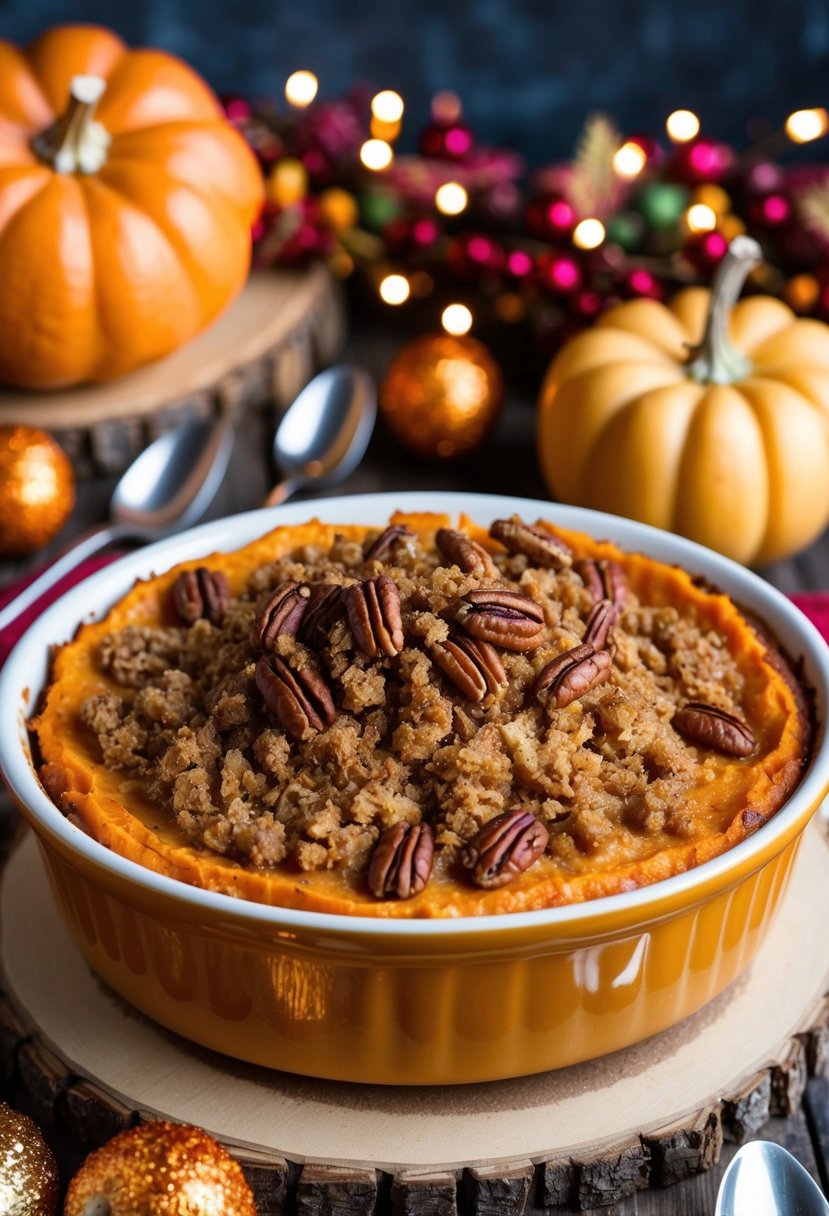 A golden-brown sweet potato casserole topped with a crunchy pecan crumble, surrounded by festive Thanksgiving decor