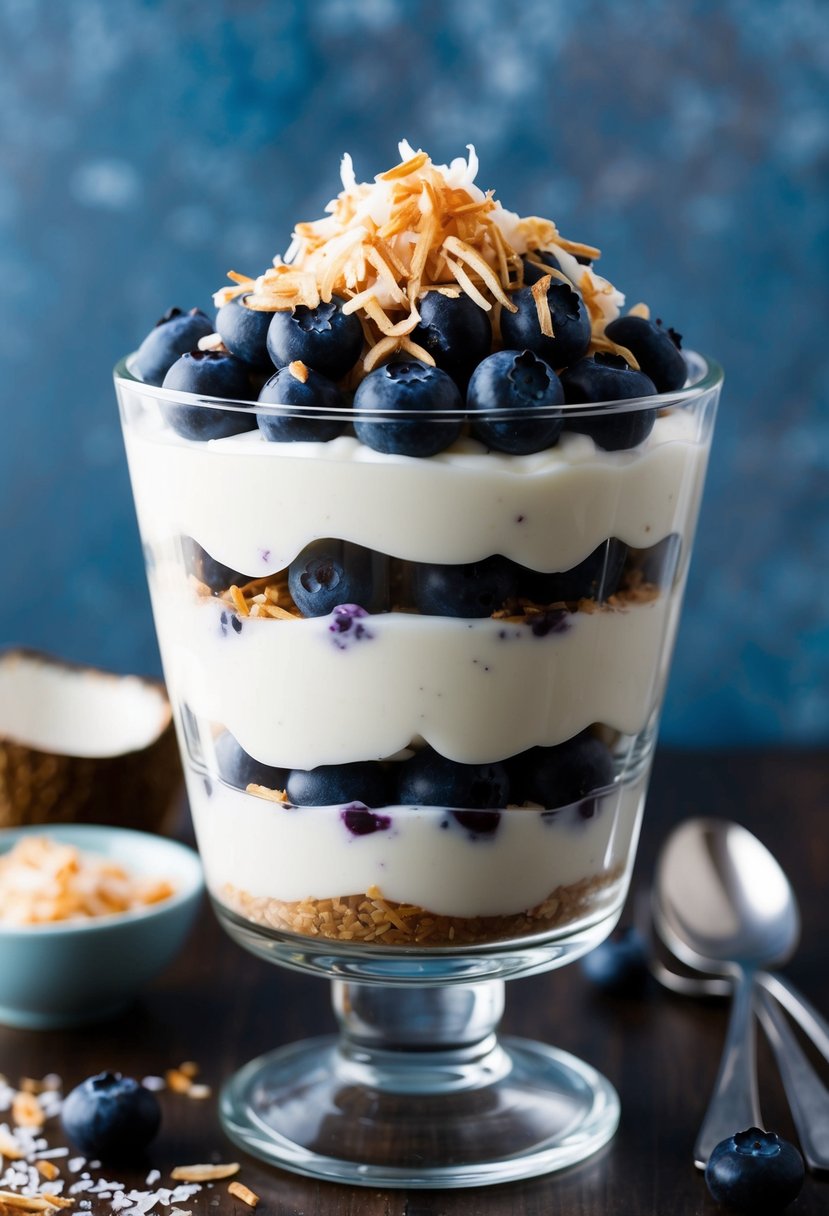 A glass parfait dish filled with layers of blueberry coconut yogurt, topped with fresh blueberries and shredded coconut