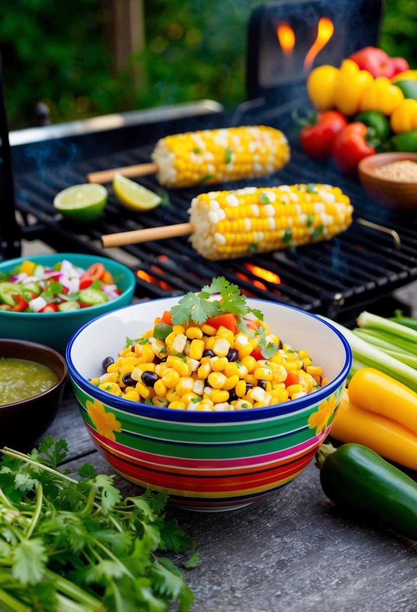 A vibrant outdoor barbecue with a colorful bowl of Mexican street corn salad surrounded by grilling equipment and fresh vegetables