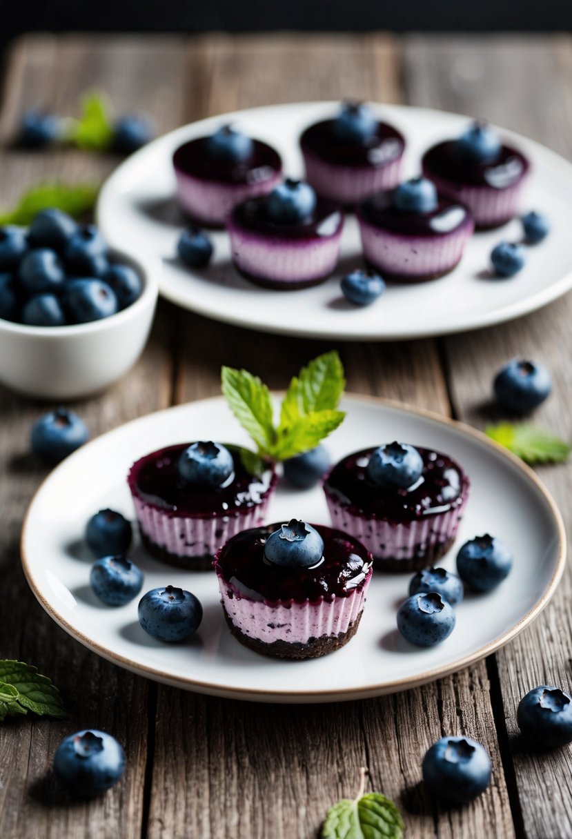 A rustic wooden table with a plate of no-bake blueberry cheesecake bites surrounded by fresh blueberries and mint leaves