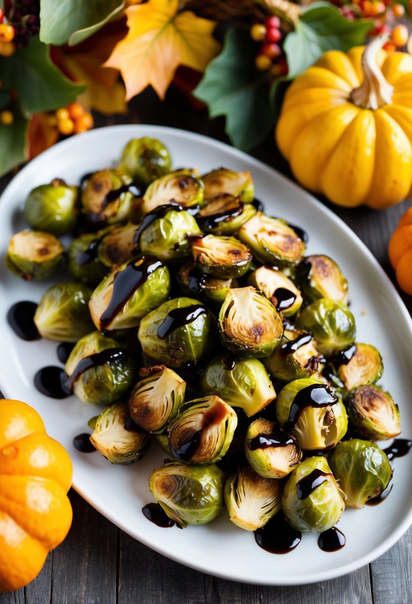 A platter of roasted Brussels sprouts drizzled with balsamic glaze, surrounded by autumn foliage and decorative gourds