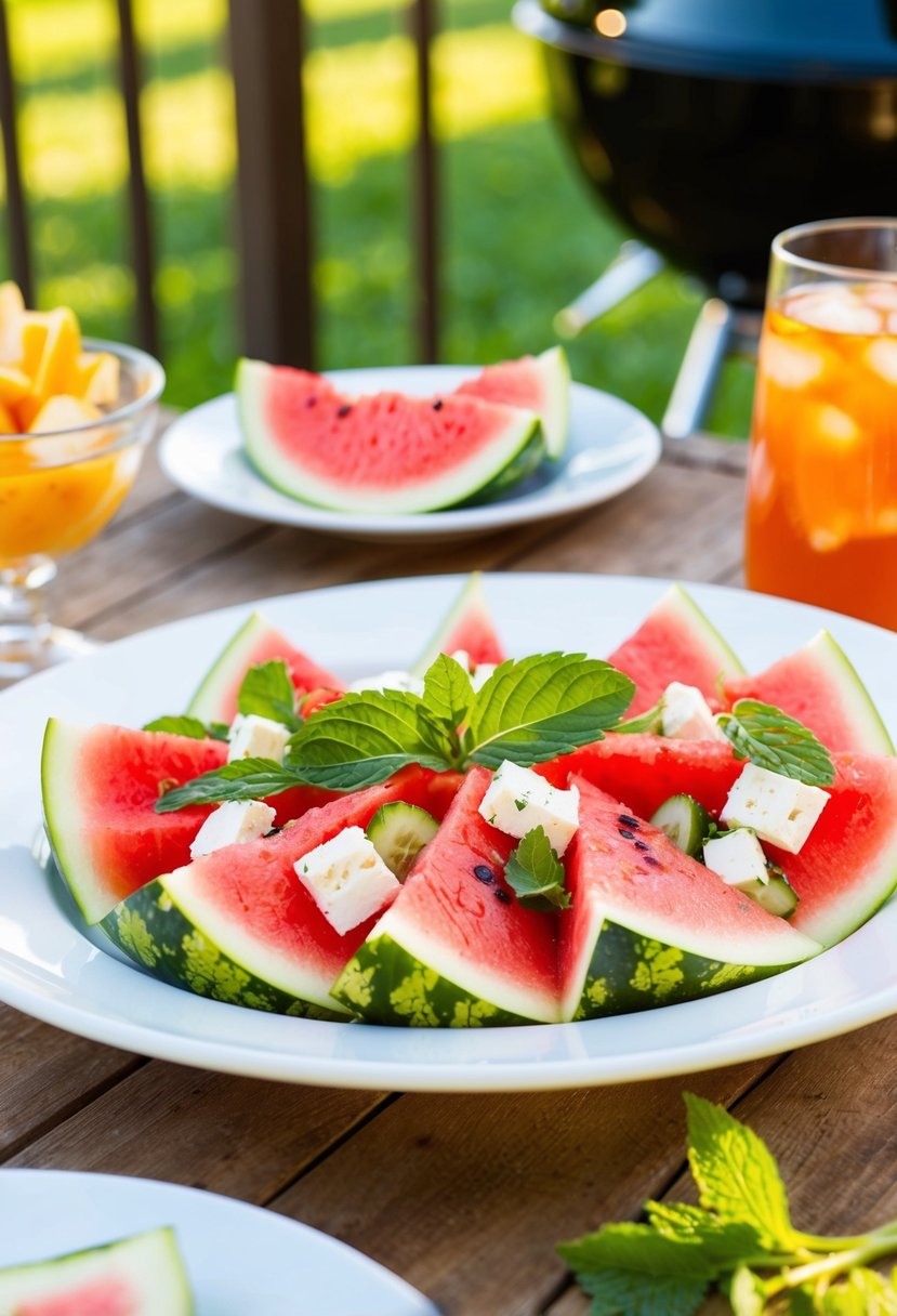 A vibrant watermelon, feta, and mint salad arranged on a white serving platter with a backdrop of a sunny outdoor barbecue setting