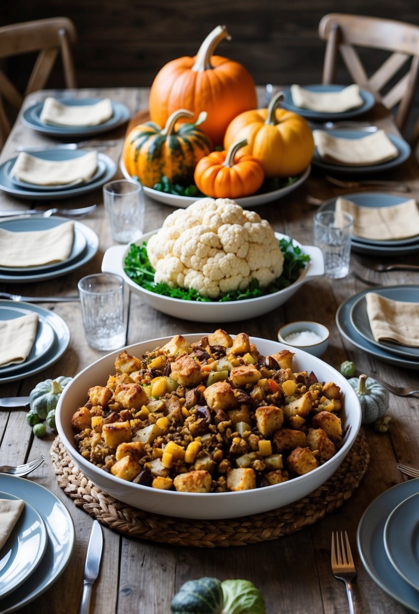 A rustic table spread with a bountiful whole 30 Thanksgiving feast, featuring a cauliflower stuffing as the centerpiece