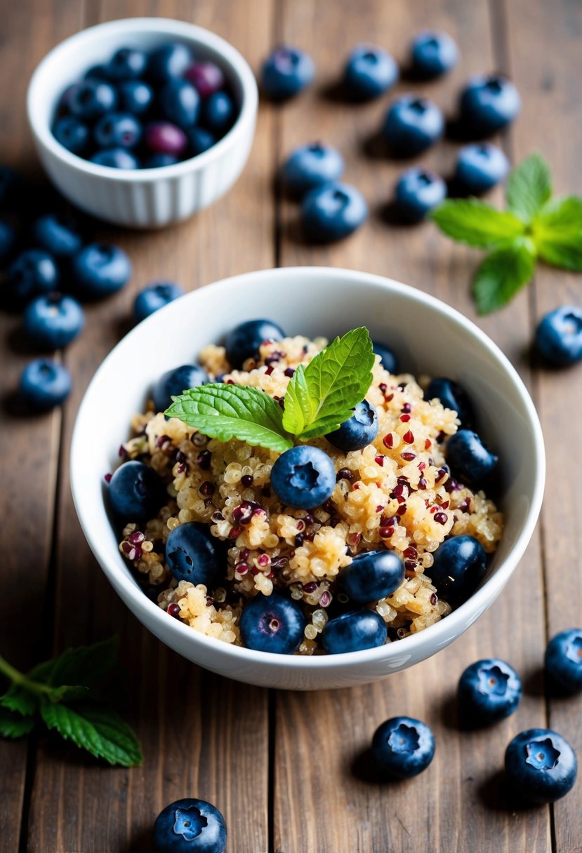 A bowl of blueberry quinoa salad surrounded by fresh blueberries and a sprig of mint on a wooden table