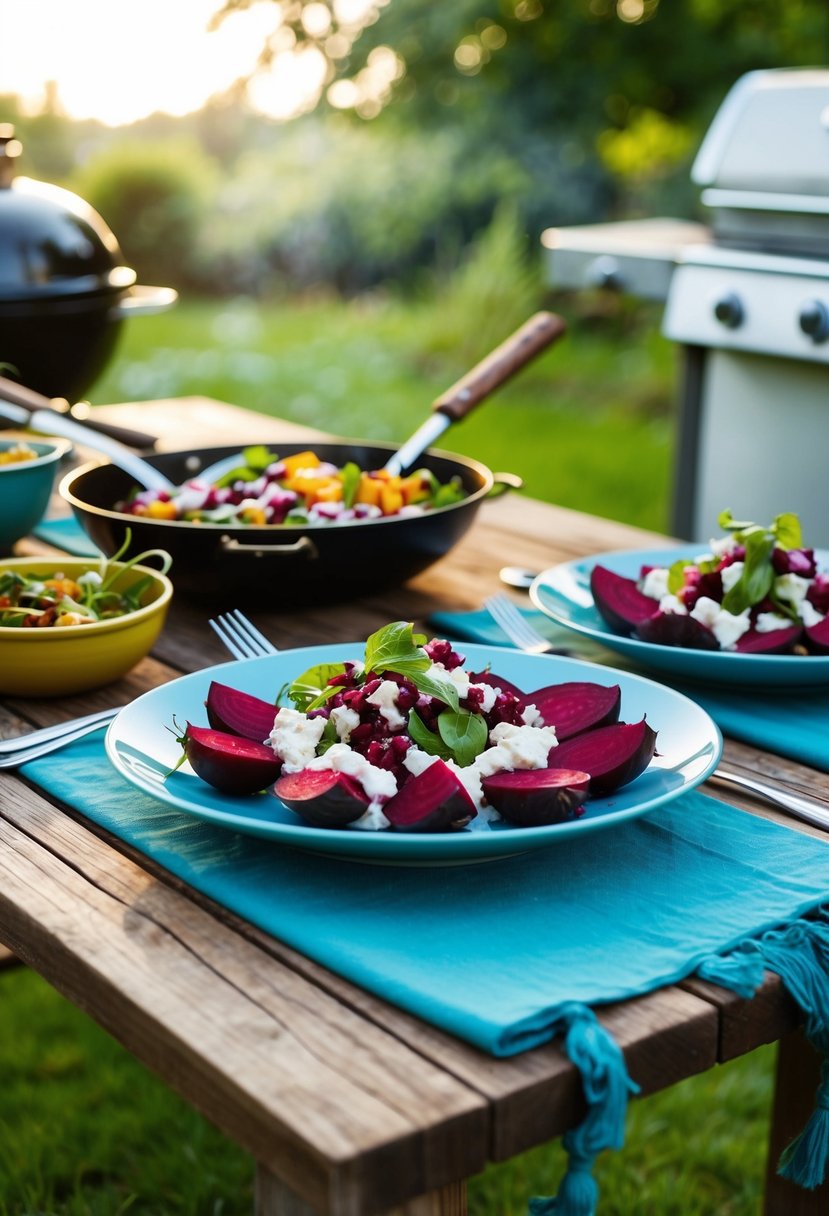 A rustic wooden table set with a colorful beet and goat cheese salad, surrounded by grilling utensils and a barbecue in the background