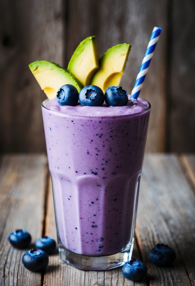 A glass filled with a vibrant blueberry avocado smoothie, topped with fresh blueberries and avocado slices, set against a rustic wooden backdrop