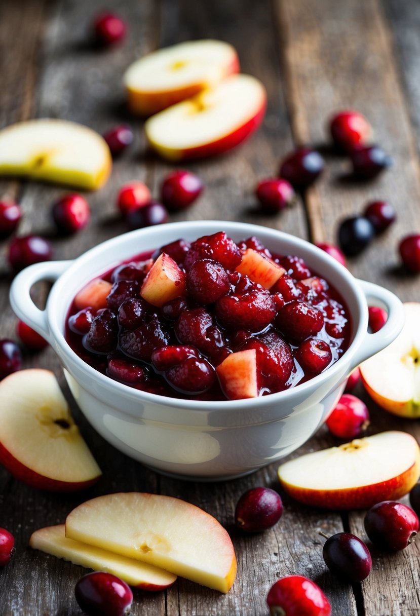 A bowl of cranberry-apple relish surrounded by fresh cranberries and apple slices on a rustic wooden table