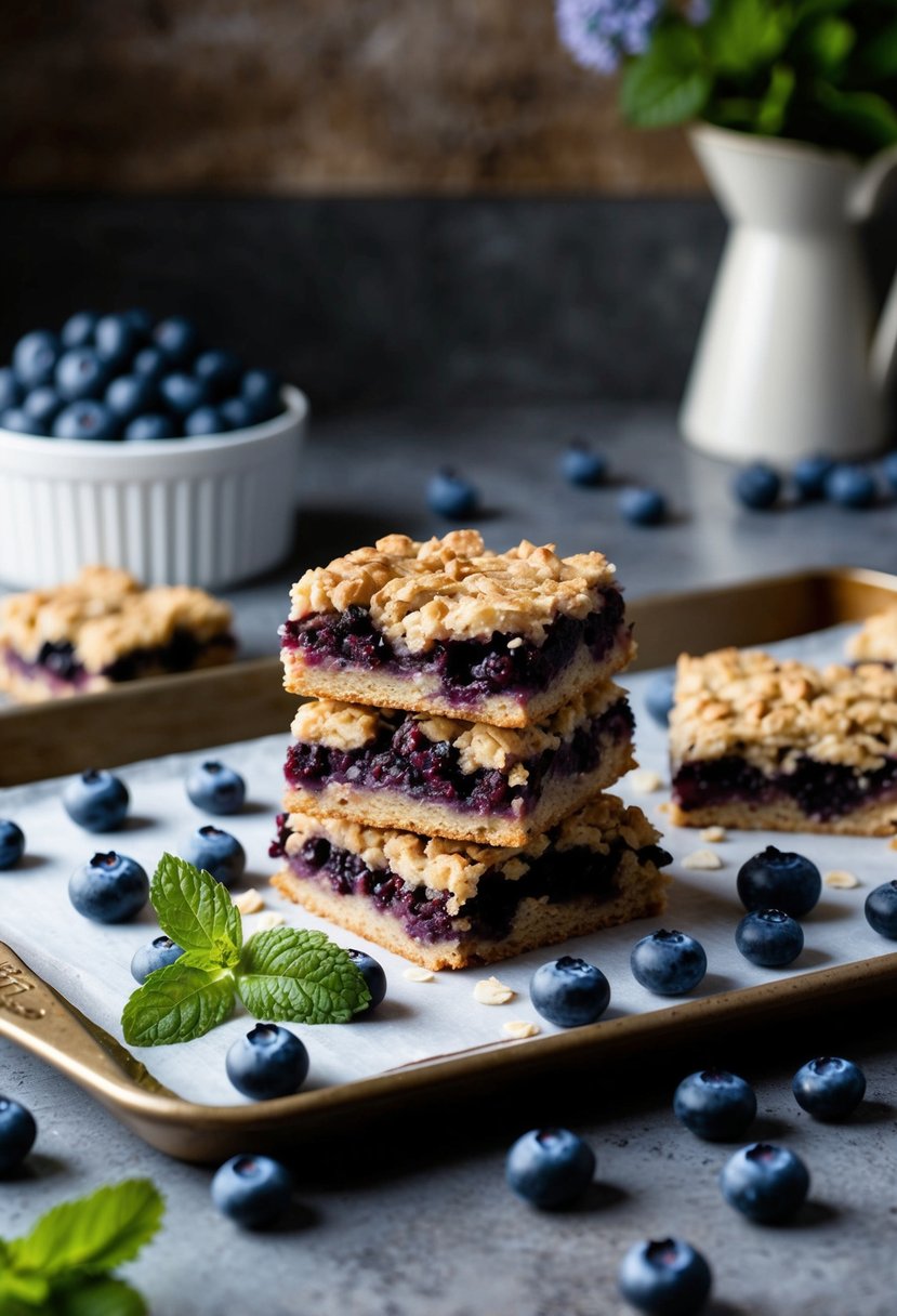 A rustic kitchen counter with a tray of freshly baked blueberry oatmeal bars surrounded by scattered blueberries and a sprig of fresh mint