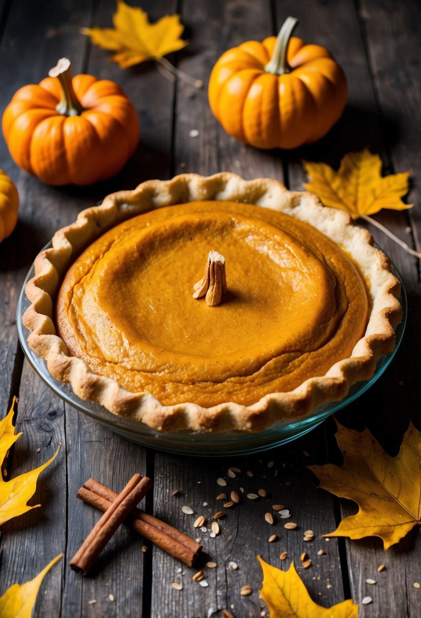 A golden pumpkin pie with almond flour crust sits on a rustic wooden table, surrounded by autumn leaves and a scattering of cinnamon sticks