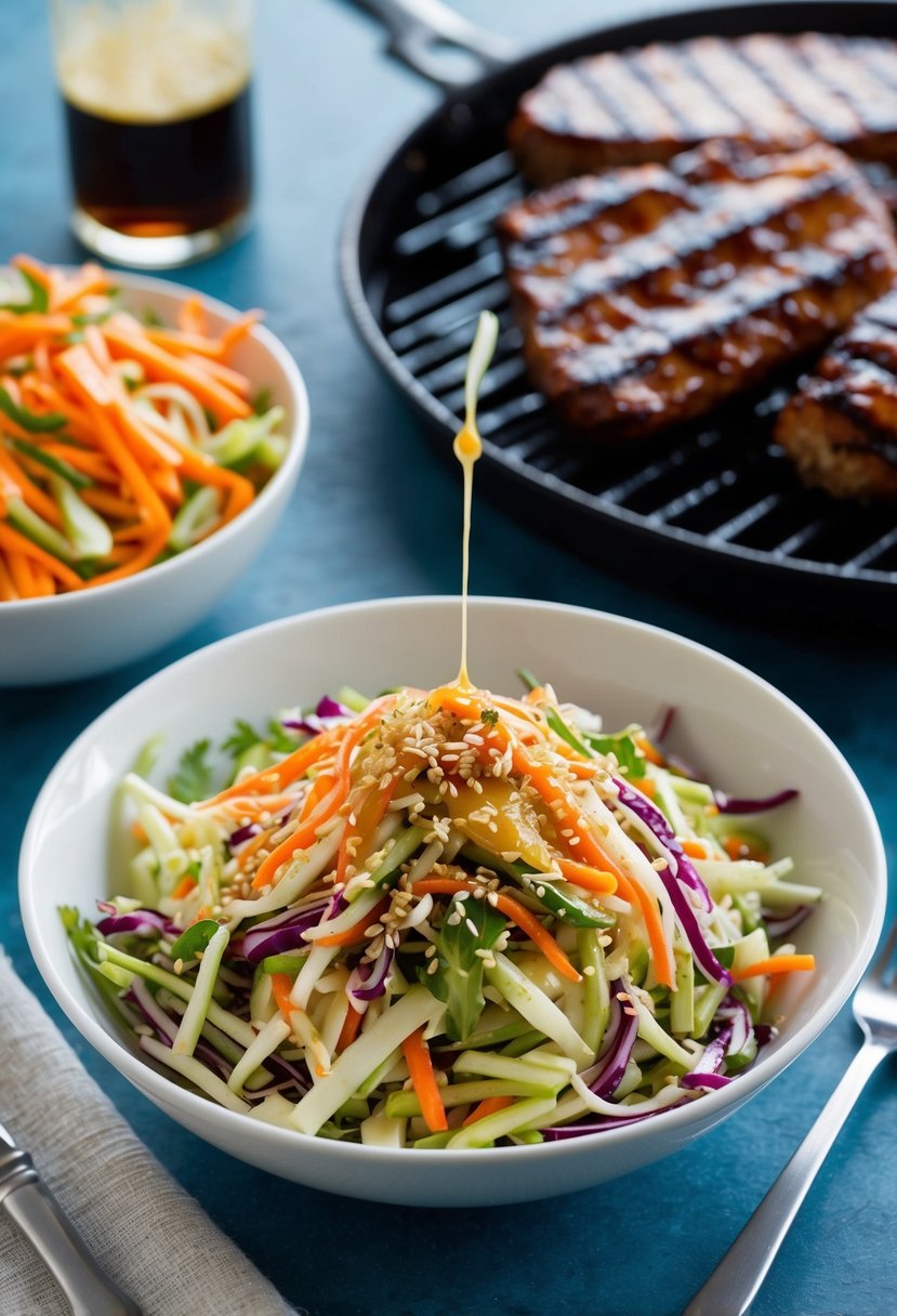 A bowl of Asian Sesame Slaw with colorful shredded vegetables and a drizzle of sesame dressing, placed next to a grilled barbecue meal