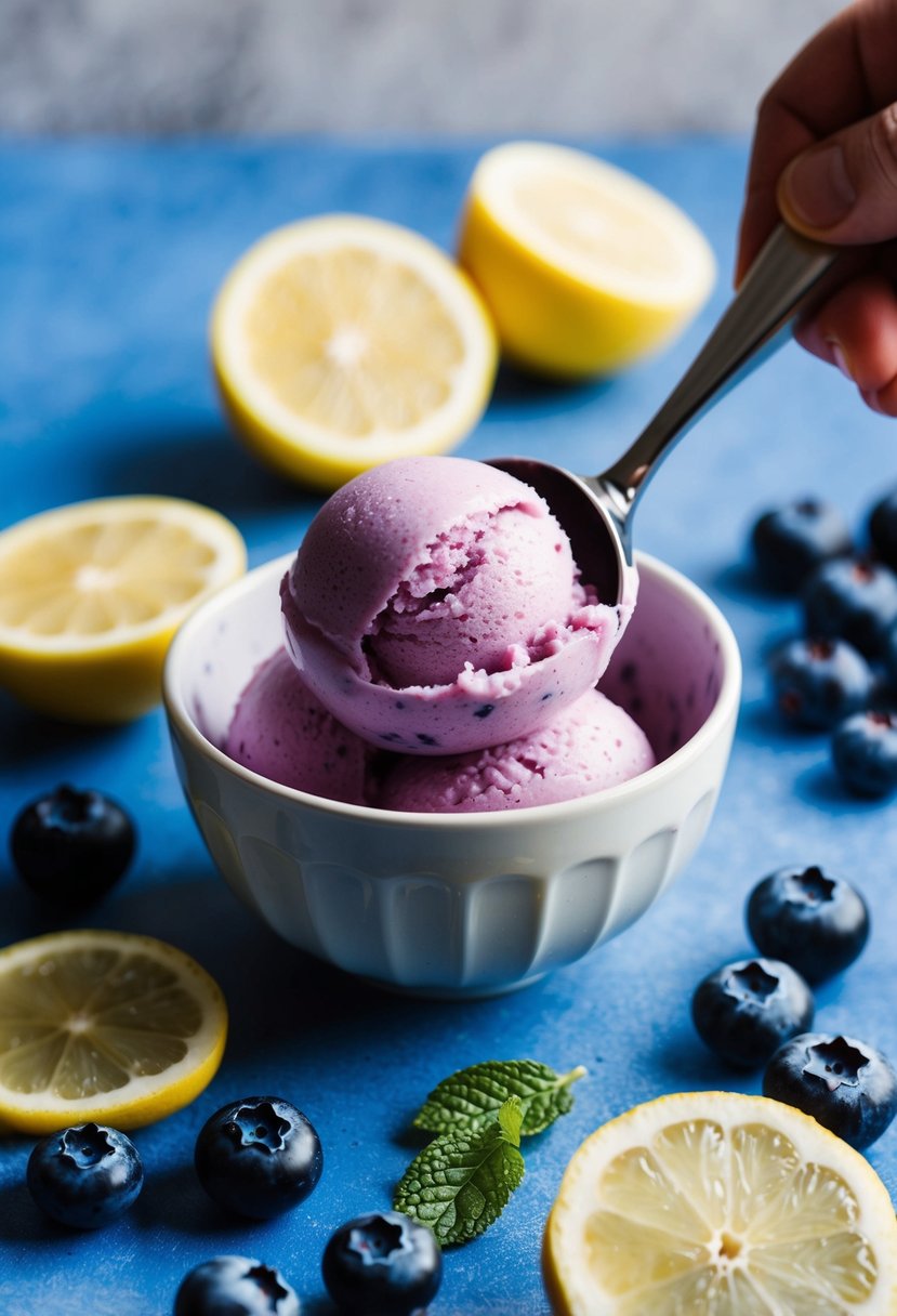 A vibrant blueberry lemon sorbet being scooped into a bowl, surrounded by fresh blueberries and lemon slices