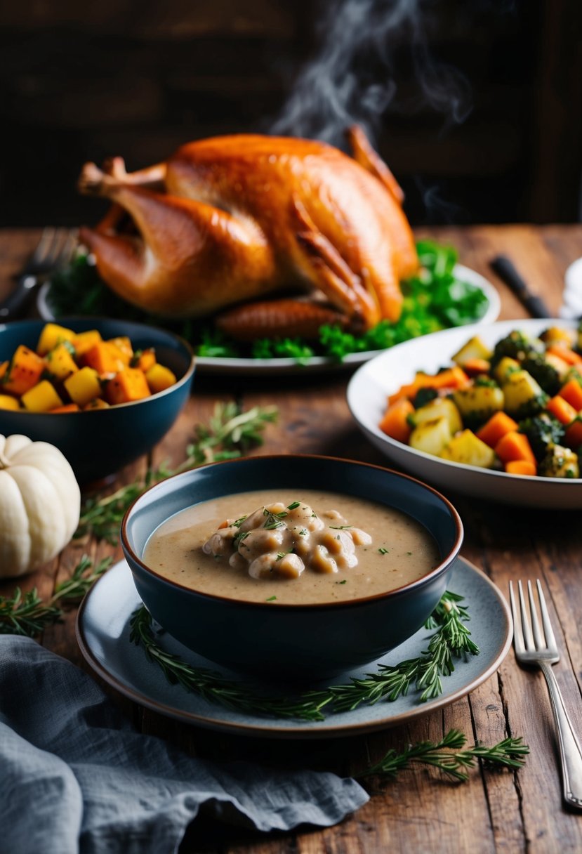 A rustic Thanksgiving table with a steaming bowl of Whole30 gravy, surrounded by roasted vegetables and a golden turkey